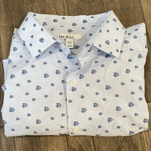 Bar III Blue Fish Pattern Cotton Button Down Shirt